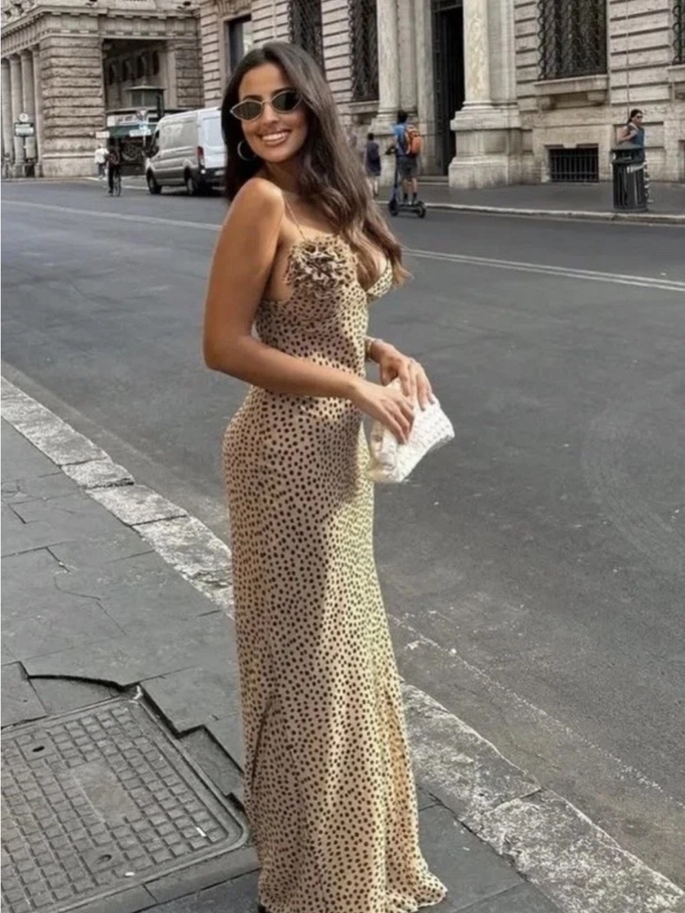 Zara Beige Polka Dot Maxi Dress with Floral Shoulder Detail - Picture 6 of 7